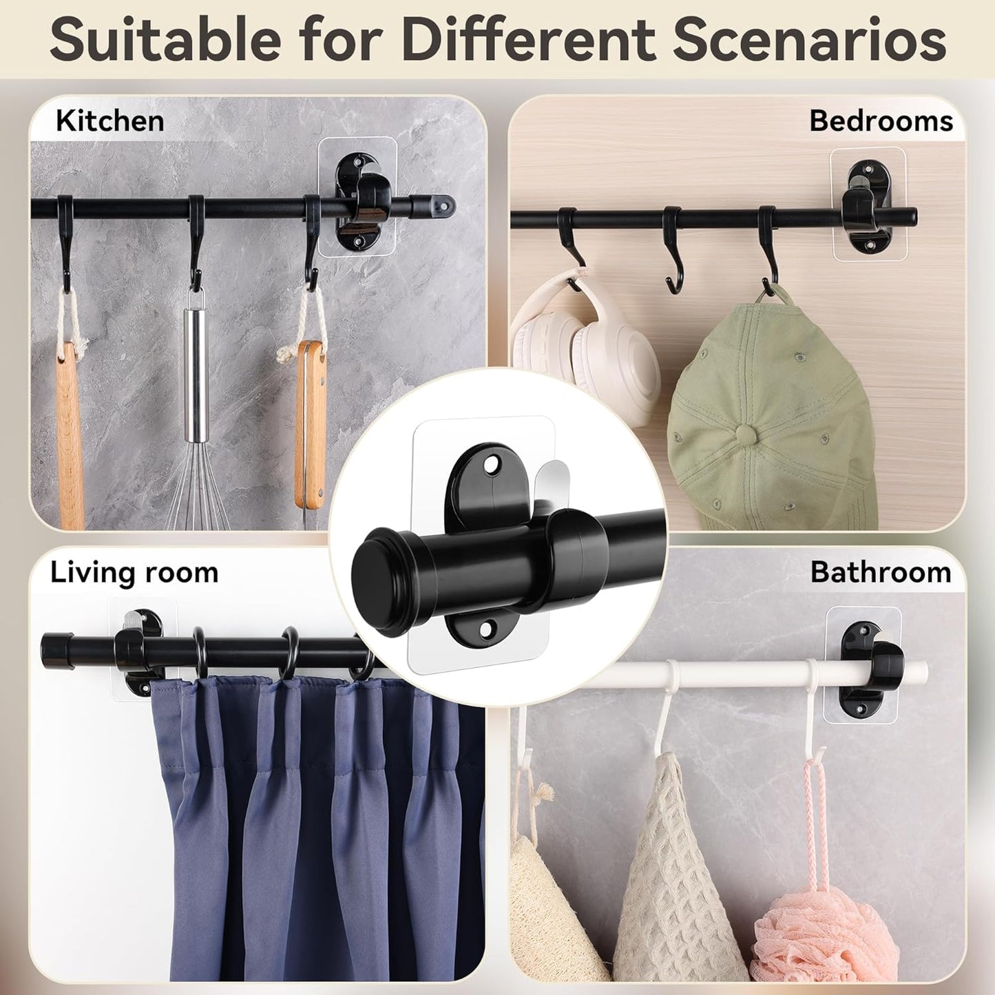 Curtain Rod Hooks Two Installation Ways Anti-slip Wall-punching With Nails Bedroom Livingroom Curtain Rod Holder Clip